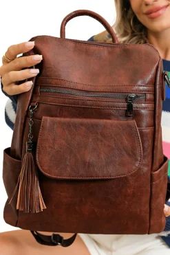 Clearance Dear-Lover Tassel Decor Retro PU Large Capacity Backpack Dark Brown
