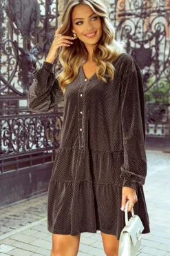 Clearance Dear-Lover Textured Velvet V Neck Shift Dress Dark Brown