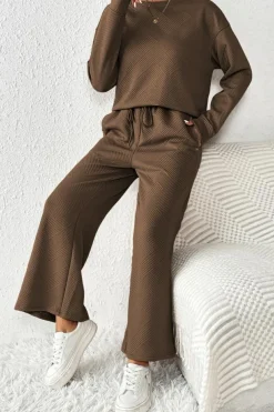 Fashion Dear-Lover Ultra Loose Textured 2pcs Slouchy Outfit Dark Brown