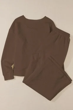 Fashion Dear-Lover Ultra Loose Textured 2pcs Slouchy Outfit Dark Brown