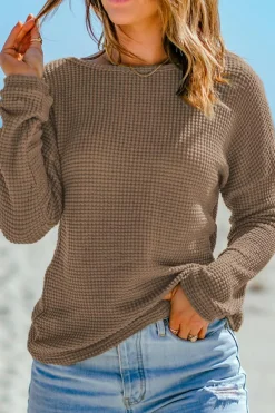 Hot Dear-Lover Waffle Knit Drop Shoulder Long Sleeve Top Dark Brown