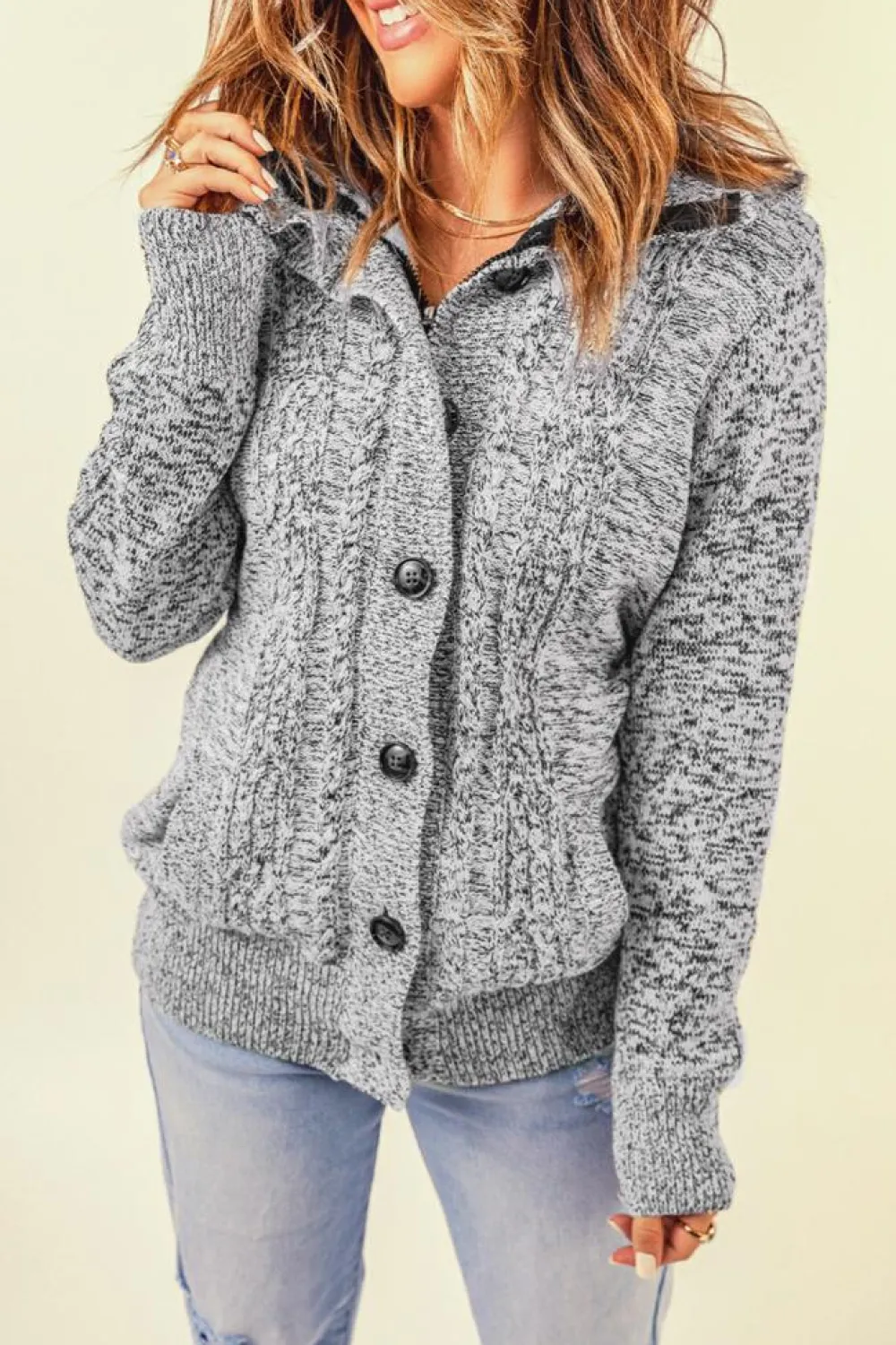 Hot Dear-Lover Long Sleeve Button-up Hooded Cardigans Dark Gray