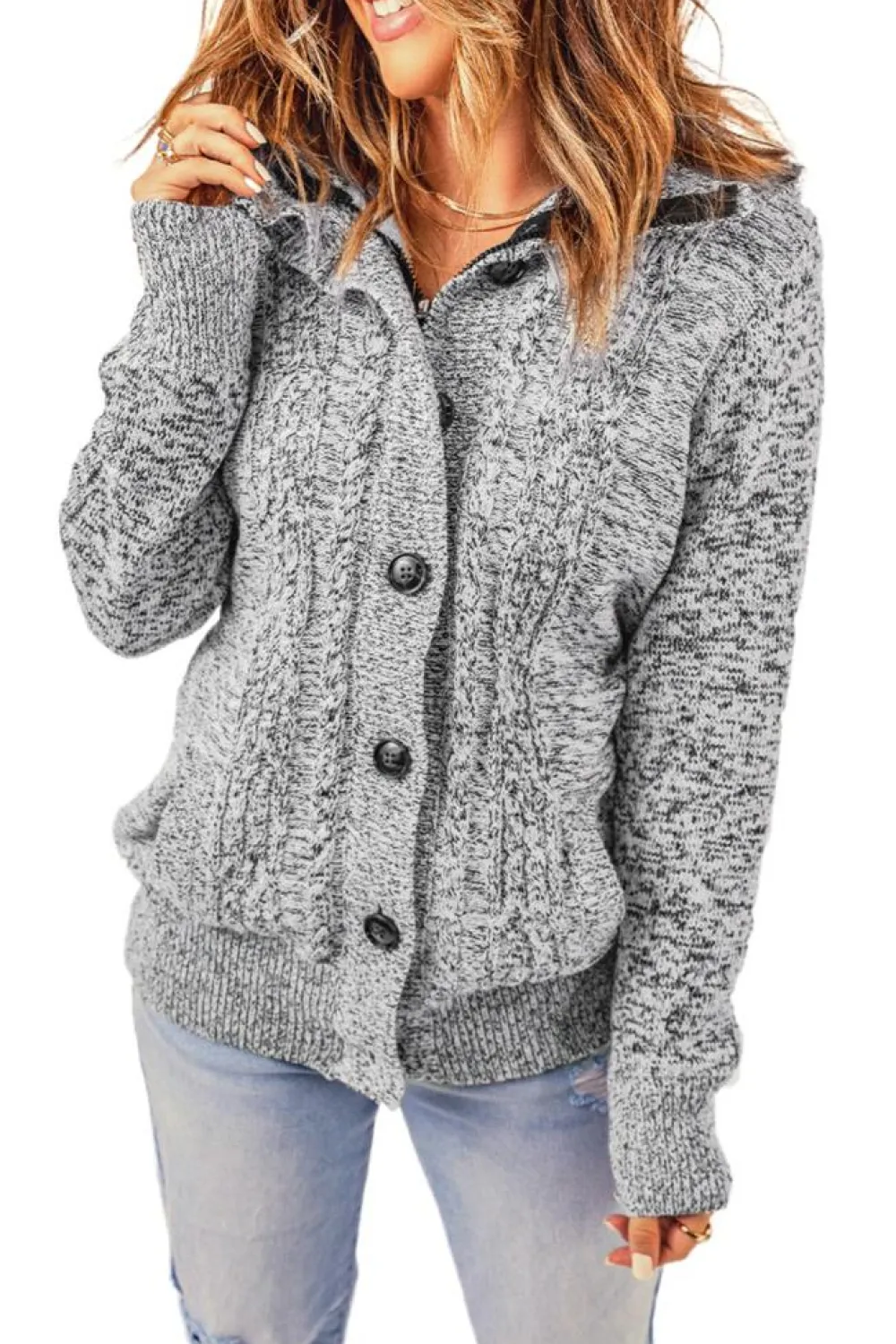 Hot Dear-Lover Long Sleeve Button-up Hooded Cardigans Dark Gray