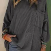 Fashion Dear-Lover Dark Gray Ribbed Roll-tab Sleeve Chest Pocket Oversize Top Gray-2