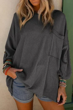 Fashion Dear-Lover Dark Gray Ribbed Roll-tab Sleeve Chest Pocket Oversize Top Gray-2
