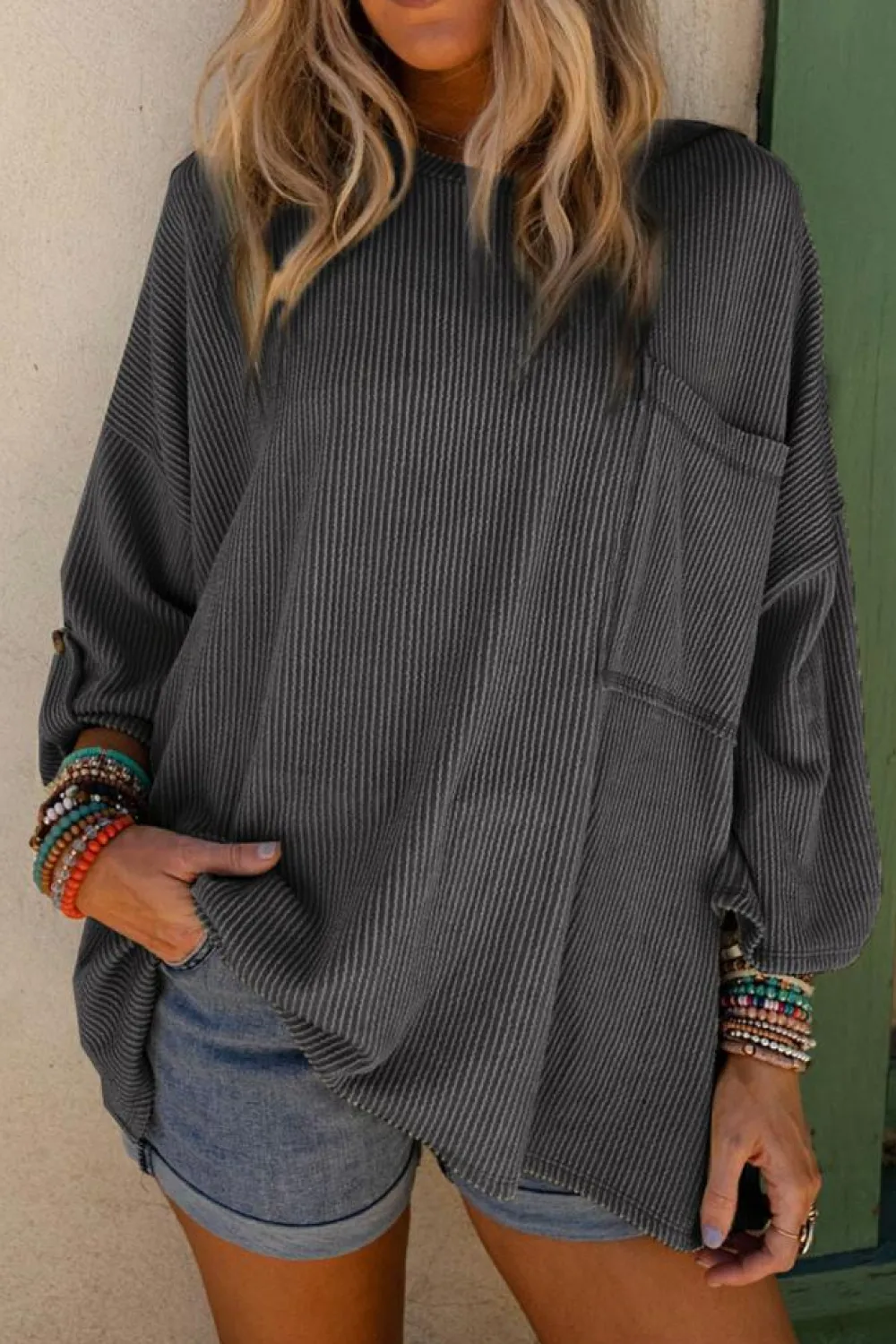 Fashion Dear-Lover Dark Gray Ribbed Roll-tab Sleeve Chest Pocket Oversize Top Gray-2