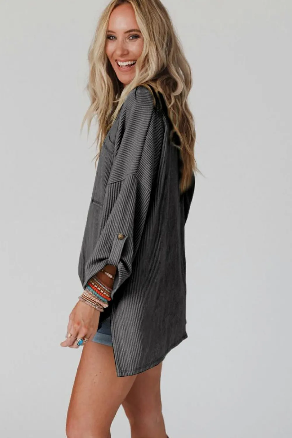Fashion Dear-Lover Dark Gray Ribbed Roll-tab Sleeve Chest Pocket Oversize Top Gray-2