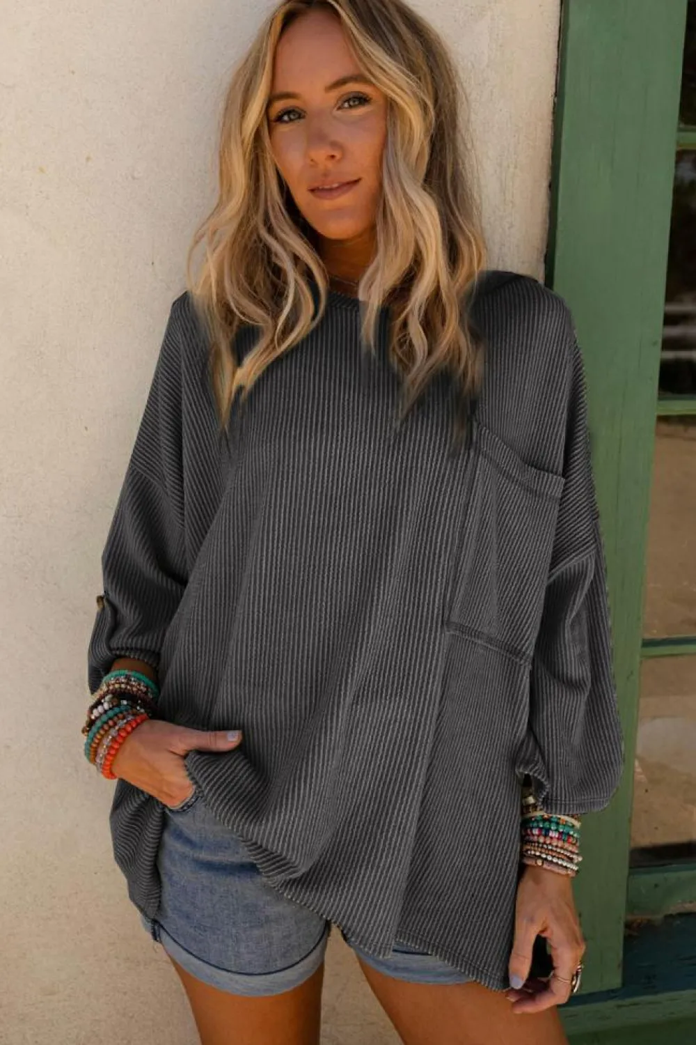 Fashion Dear-Lover Dark Gray Ribbed Roll-tab Sleeve Chest Pocket Oversize Top Gray-2