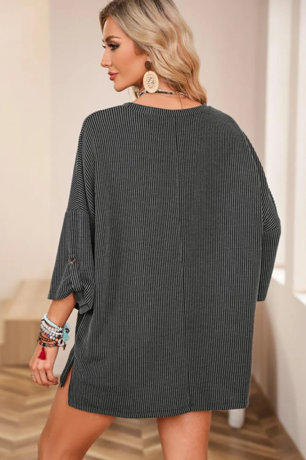 Fashion Dear-Lover Dark Gray Ribbed Roll-tab Sleeve Chest Pocket Oversize Top Gray-2