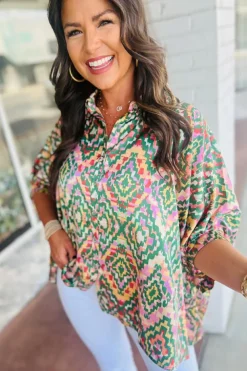 Best Dear-Lover Abstract Print Half Sleeve Button up Loose Shirt Dark Green