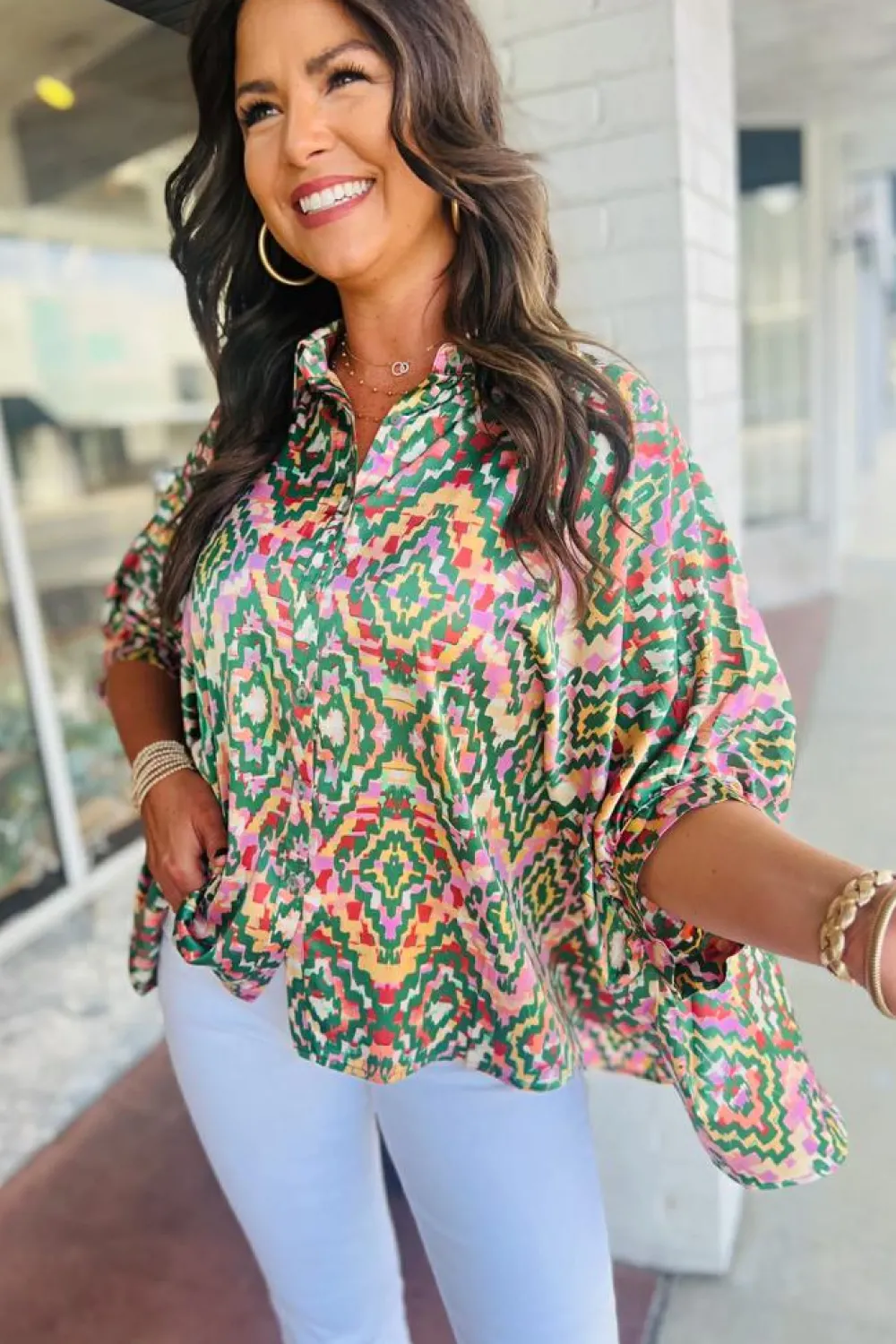 Best Dear-Lover Abstract Print Half Sleeve Button up Loose Shirt Dark Green