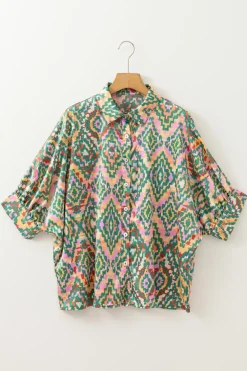 Best Dear-Lover Abstract Print Half Sleeve Button up Loose Shirt Dark Green