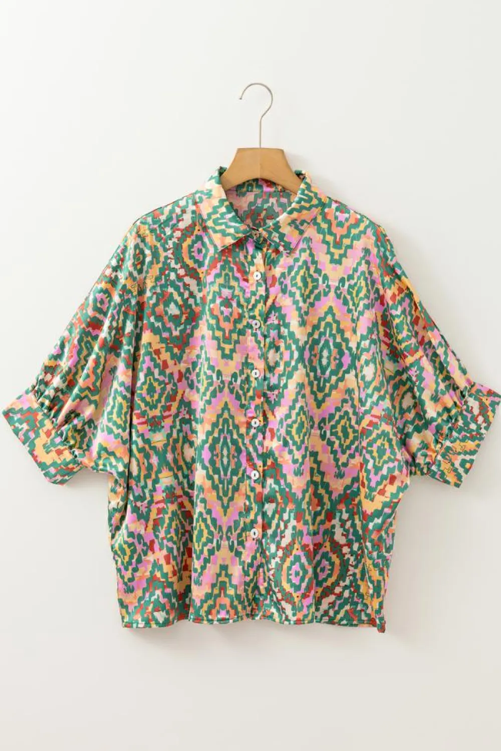 Best Dear-Lover Abstract Print Half Sleeve Button up Loose Shirt Dark Green