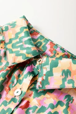 Best Dear-Lover Abstract Print Half Sleeve Button up Loose Shirt Dark Green
