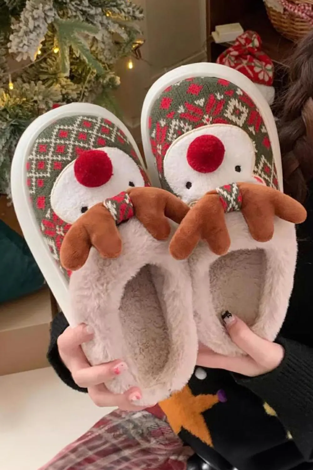 Discount Dear-Lover Christmas Cartoon Reindeer Plush Home Slippers Dark Green