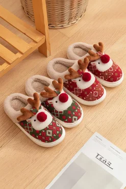 Discount Dear-Lover Christmas Cartoon Reindeer Plush Home Slippers Dark Green
