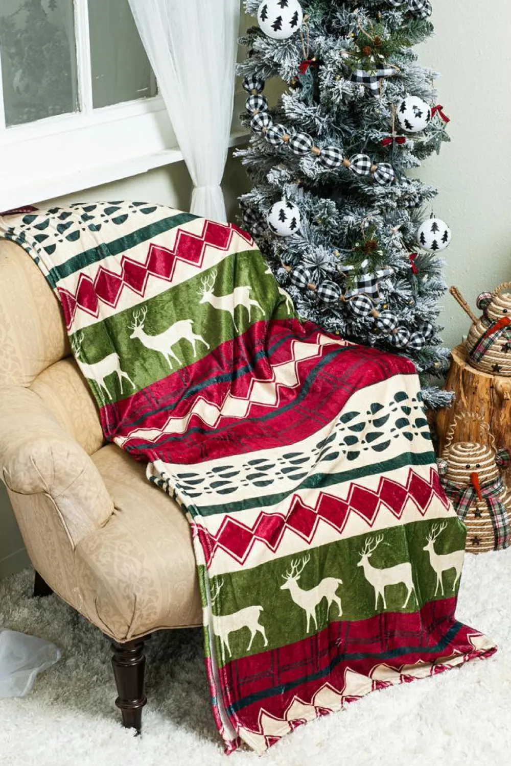 Fashion Dear-Lover Christmas Elk Print Reversible Sherpa Fleece Blanket Dark Green
