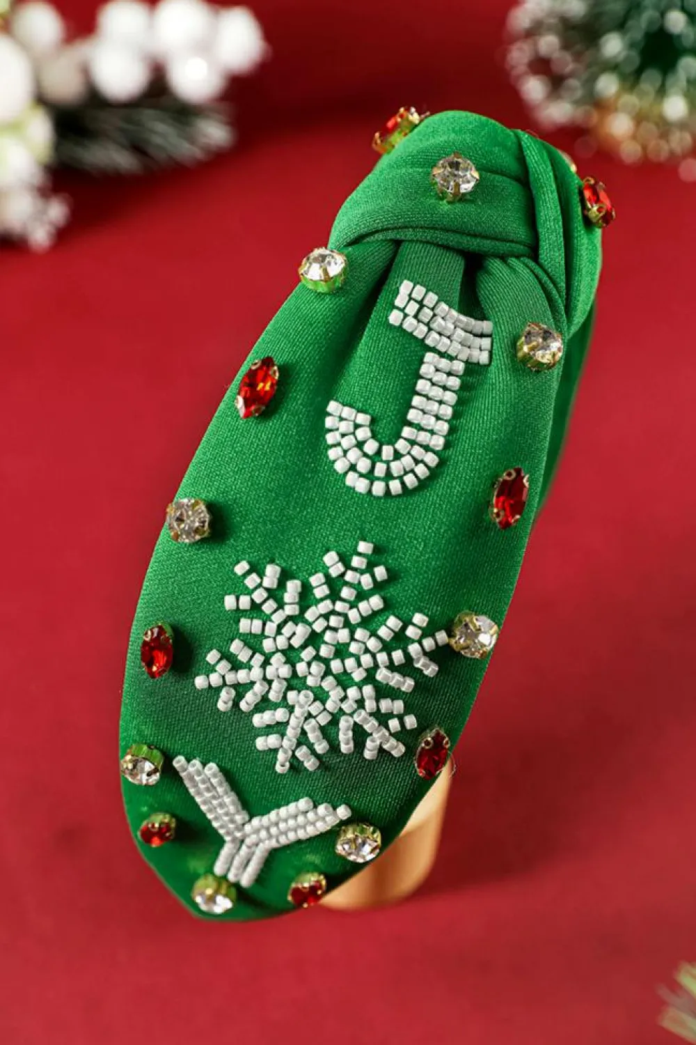 Hot Dear-Lover Christmas Rice Beaded Rhinestone Wide Headband Dark Green
