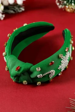 Hot Dear-Lover Christmas Rice Beaded Rhinestone Wide Headband Dark Green