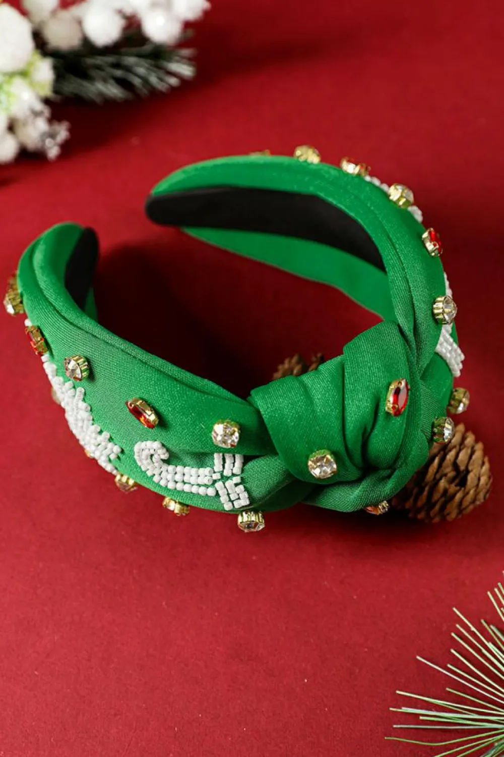 Hot Dear-Lover Christmas Rice Beaded Rhinestone Wide Headband Dark Green