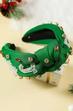 Hot Dear-Lover Christmas Rice Beaded Rhinestone Wide Headband Dark Green