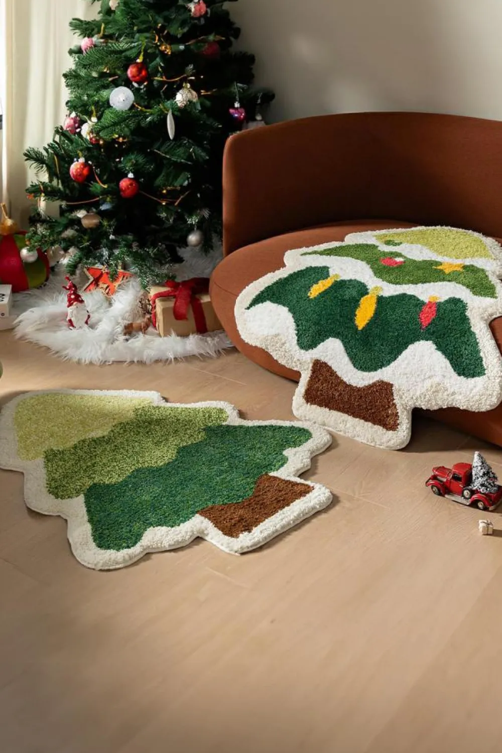 Clearance Dear-Lover Christmas Tree Shape Non-Slip Plush Carpet Dark Green
