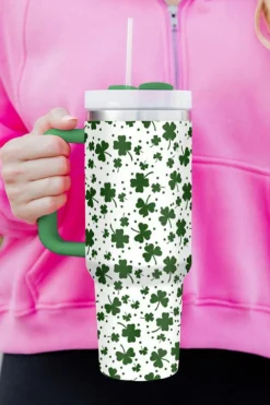 Clearance Dear-Lover Clover Print Thermos Cup with Handle 40oz Dark Green