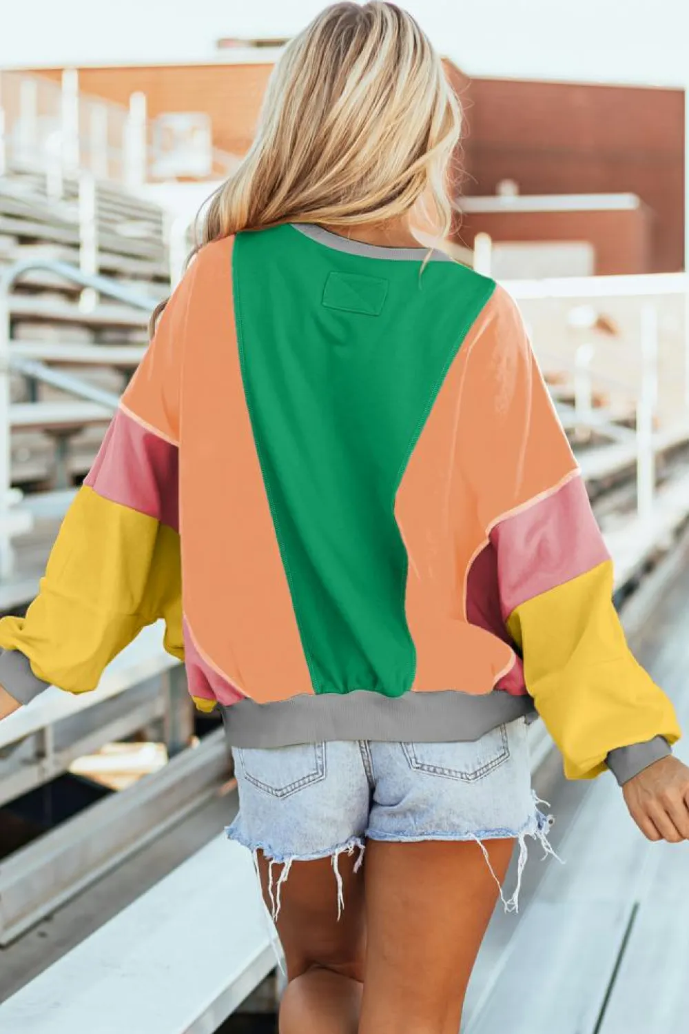 Online Dear-Lover Colorblock Patchwork Exposed Stitching Oversize Top Dark Green