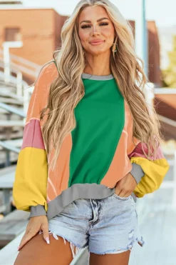 Online Dear-Lover Colorblock Patchwork Exposed Stitching Oversize Top Dark Green