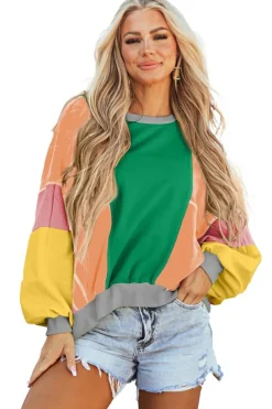 Online Dear-Lover Colorblock Patchwork Exposed Stitching Oversize Top Dark Green