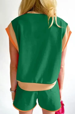 New Dear-Lover Contrast Trim Cap Sleeve Tee Shorts Set Dark Green