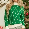 Discount Dear-Lover Diamond Pattern Pom Accents Contrast Trim High Neck Sweater Dark Green