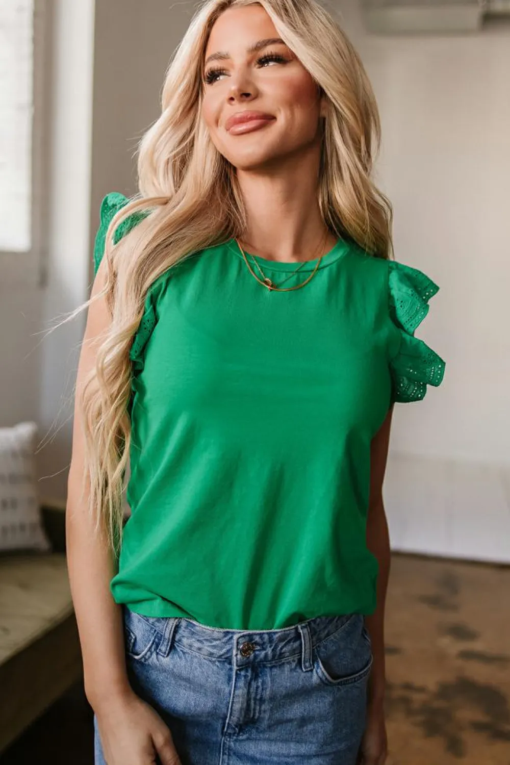 Outlet Dear-Lover Embroidered Ruffled Sleeve Slim Fit Crew Neck Top Dark Green