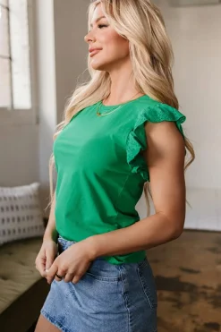 Outlet Dear-Lover Embroidered Ruffled Sleeve Slim Fit Crew Neck Top Dark Green