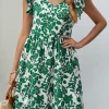 Online Dear-Lover Leaf Print V Neck Flutter Sleeve Dress Dark Green