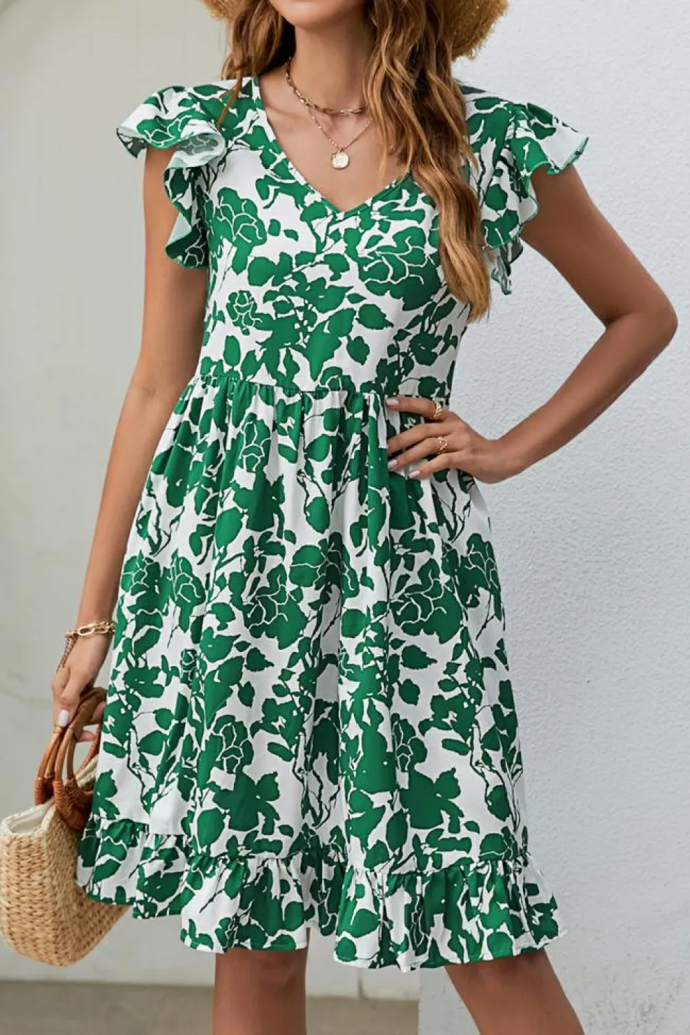 Online Dear-Lover Leaf Print V Neck Flutter Sleeve Dress Dark Green