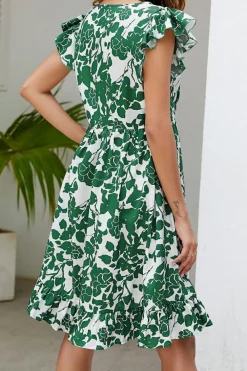 Online Dear-Lover Leaf Print V Neck Flutter Sleeve Dress Dark Green
