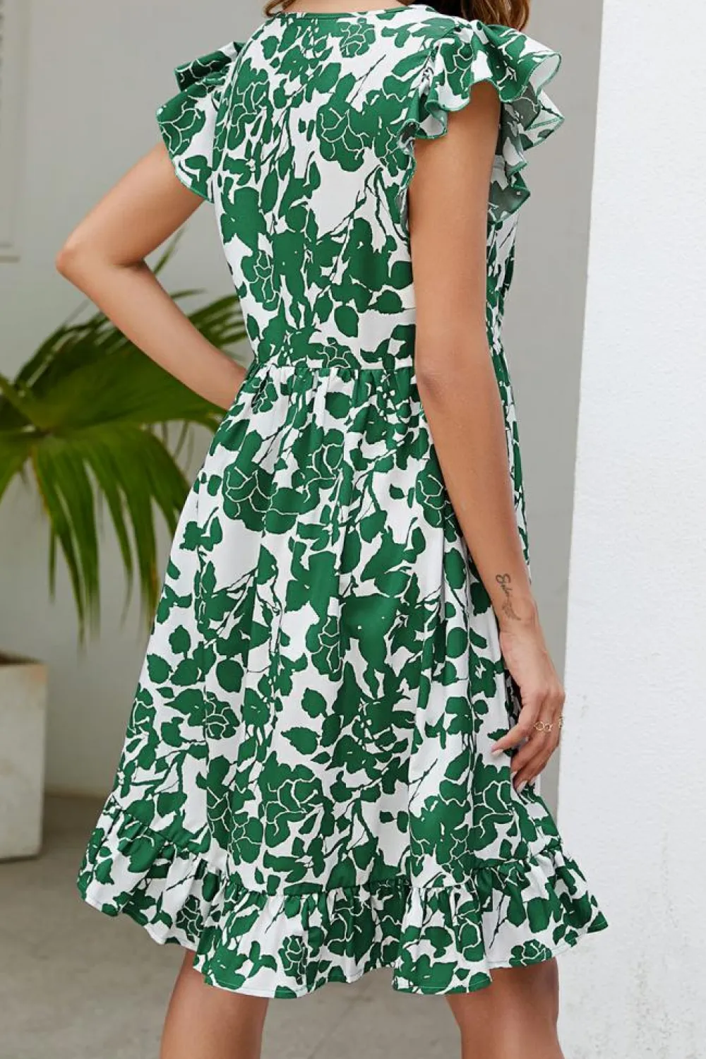 Online Dear-Lover Leaf Print V Neck Flutter Sleeve Dress Dark Green