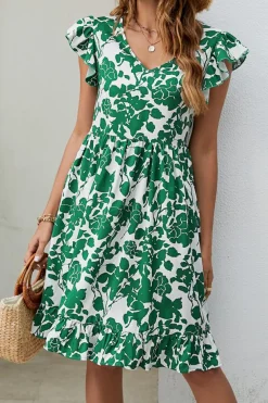 Online Dear-Lover Leaf Print V Neck Flutter Sleeve Dress Dark Green