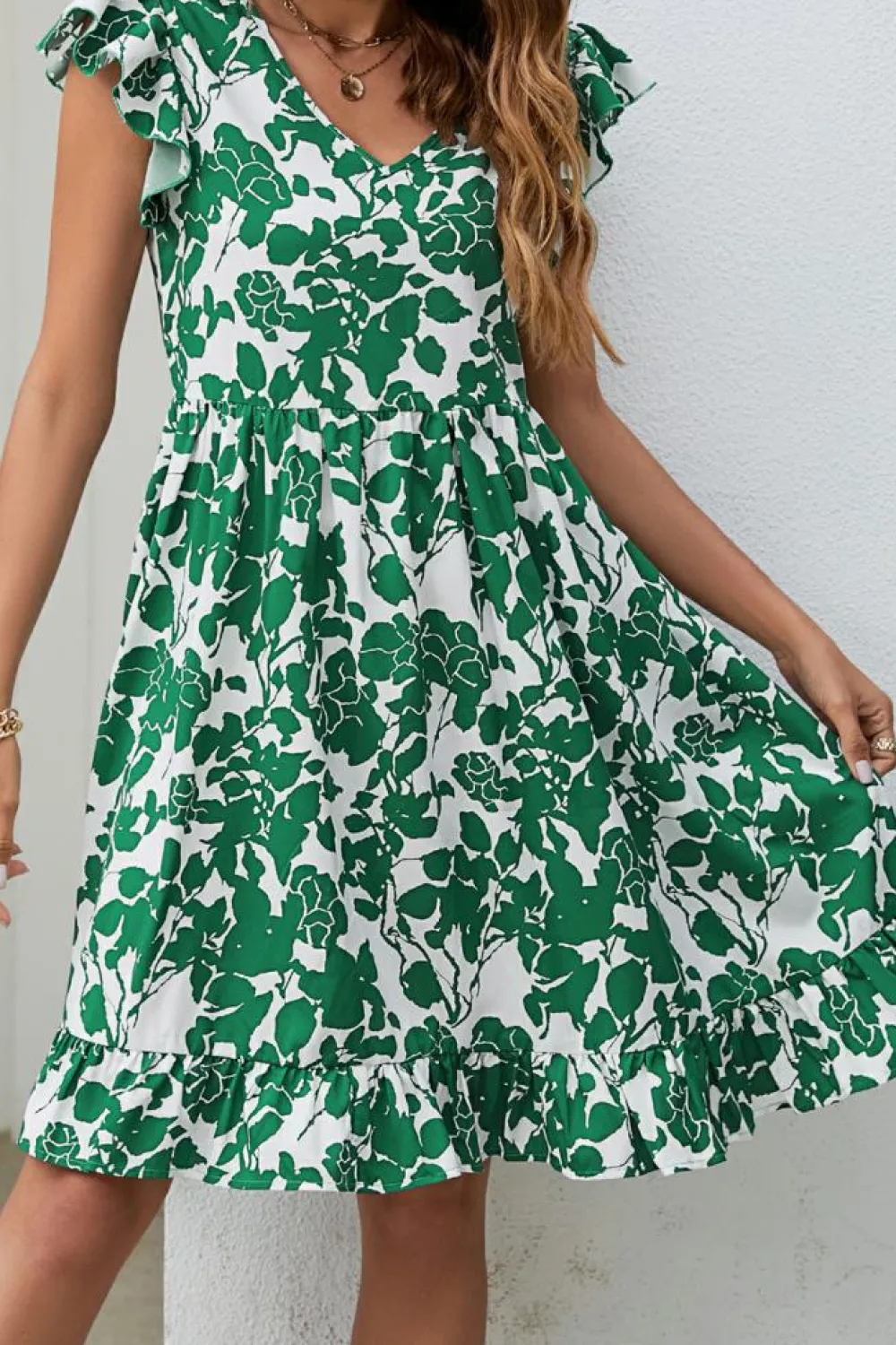 Online Dear-Lover Leaf Print V Neck Flutter Sleeve Dress Dark Green
