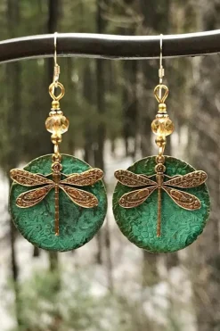 Online Dear-Lover Retro Dragonfly Hook Drop Earrings Dark Green