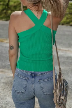 Discount Dear-Lover Ribbed Criss Cross Halter Neck Sheath Sweater Tank Top Dark Green