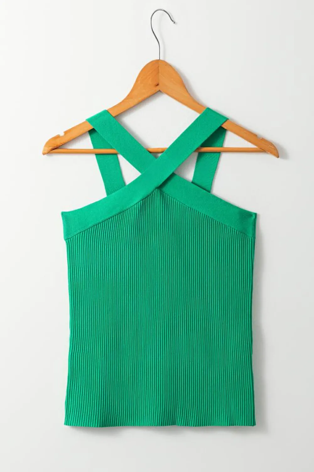 Discount Dear-Lover Ribbed Criss Cross Halter Neck Sheath Sweater Tank Top Dark Green