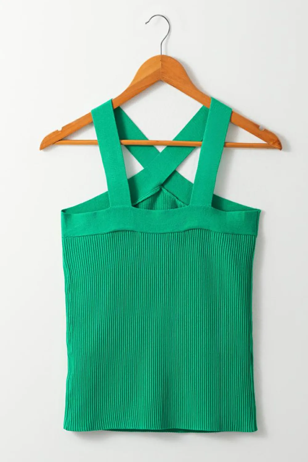 Discount Dear-Lover Ribbed Criss Cross Halter Neck Sheath Sweater Tank Top Dark Green