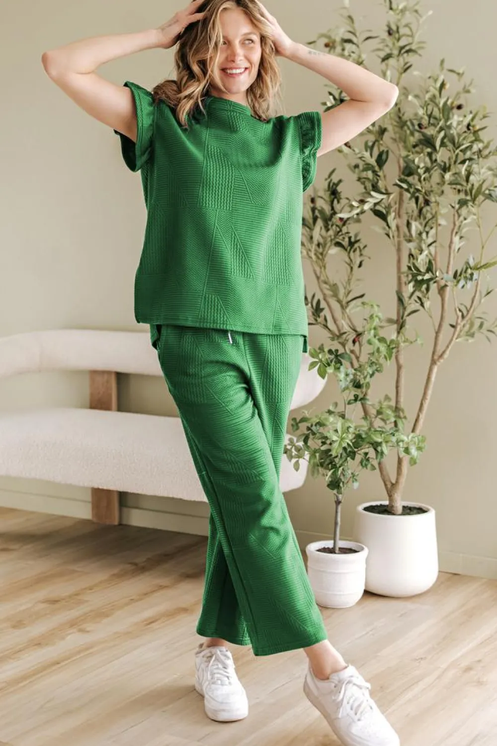 Online Dear-Lover Ruffled Sleeve Summer Top and Cropped Loose Pants Set Dark Green
