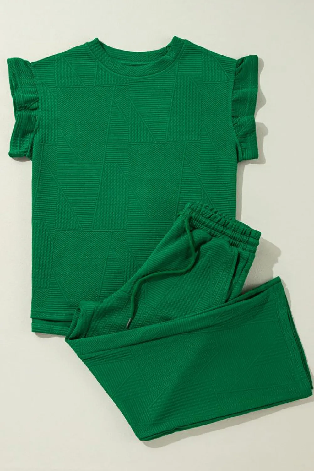Online Dear-Lover Ruffled Sleeve Summer Top and Cropped Loose Pants Set Dark Green