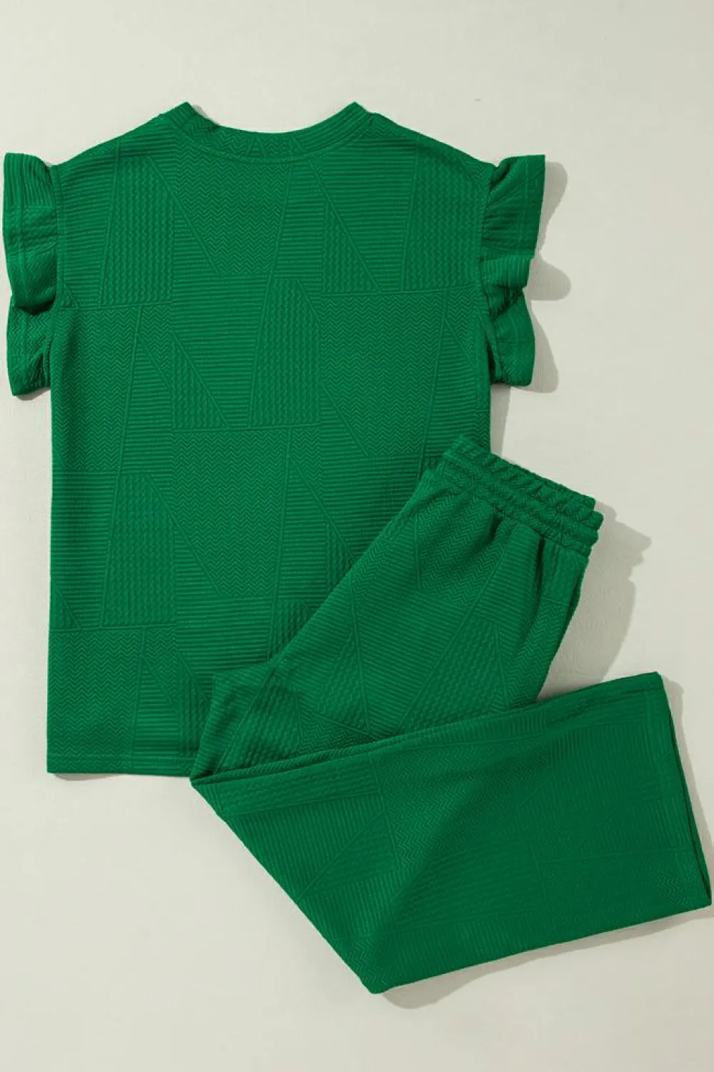 Online Dear-Lover Ruffled Sleeve Summer Top and Cropped Loose Pants Set Dark Green