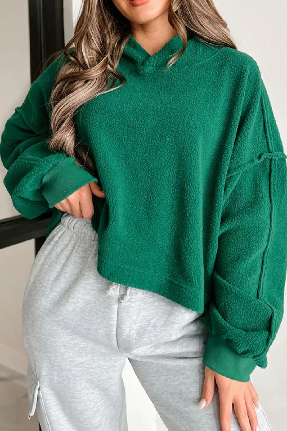 Hot Dear-Lover Sherpa Fleece Drop Shoulder Hoodie Dark Green