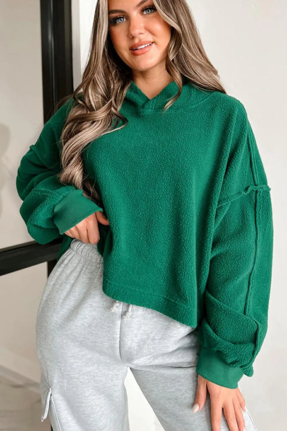 Hot Dear-Lover Sherpa Fleece Drop Shoulder Hoodie Dark Green