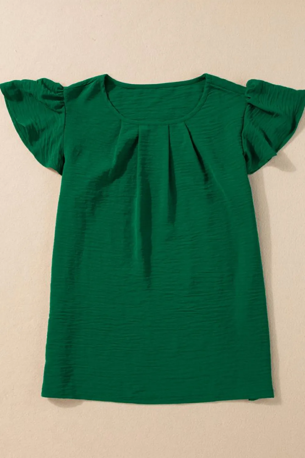Clearance Dear-Lover Solid Color Textured Pleated Flutter Sleeve Blouse Dark Green